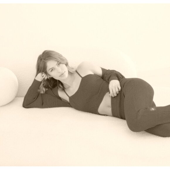 Alo Denim Knit Shawl Raisinette Oversized Relaxed Cropped Sweater Shrug Bolero - Picture 11 of 16